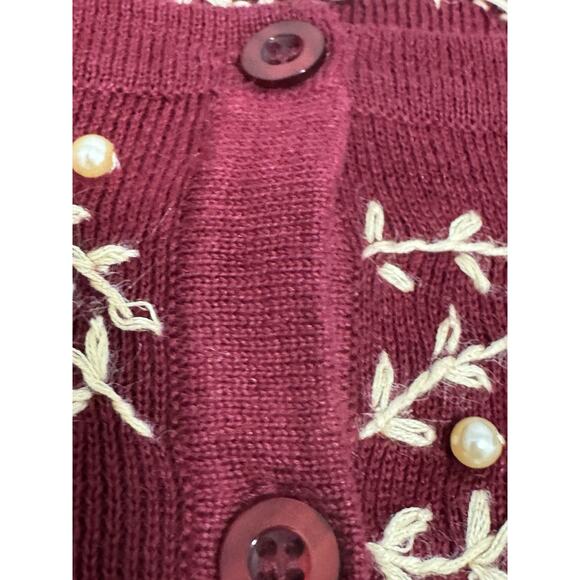 Vintage CJ Banks Red Hand Embroidered Floral Embellished Pearls Cardigan Sweater - Picture 4 of 8